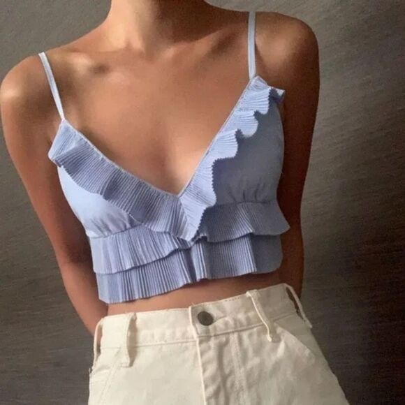 Zara Ruffle Tiered Pleated Cropped Top in Light Blue | XS - Picture 1 of 8